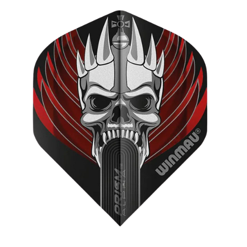 Single dart flight with bold skull graphic, Prism Alpha No.2 shape, isolated on white showing red and black winged design