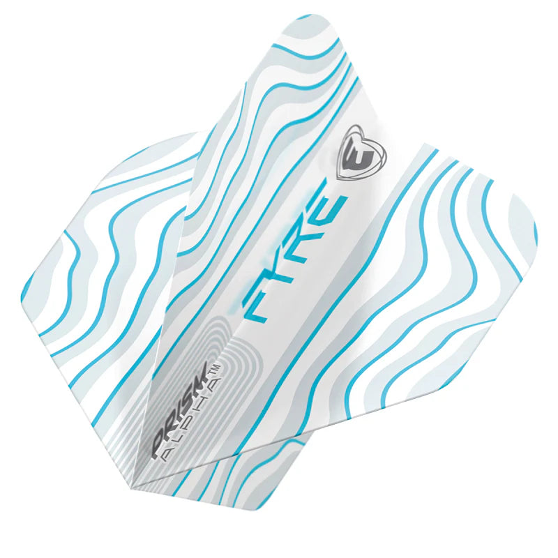 Close-up of white and aqua No.2 dart flight with Prism Alpha branding and blue wave pattern, isolated on white background