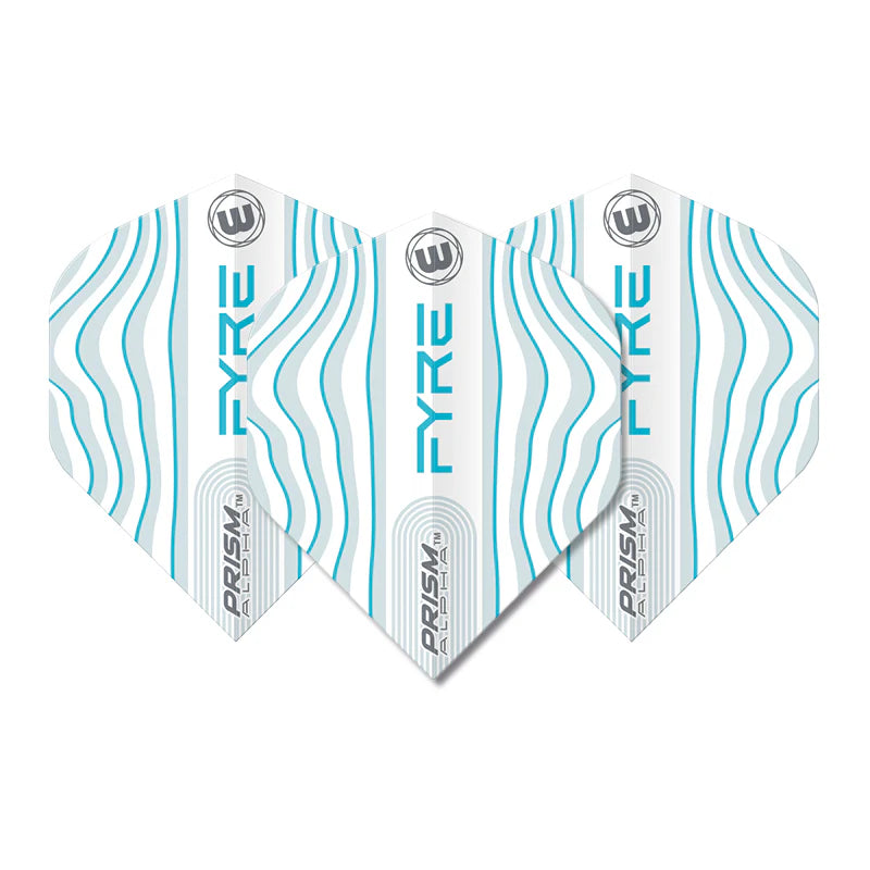 Set of three Prism Alpha No.2 dart flights in white, aqua, and blue with wave design, full view on white background