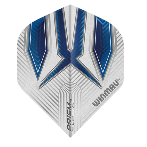 Close-up of Prism Alpha No.2 dart flight, white and blue with detailed texture, full front view isolated on white background