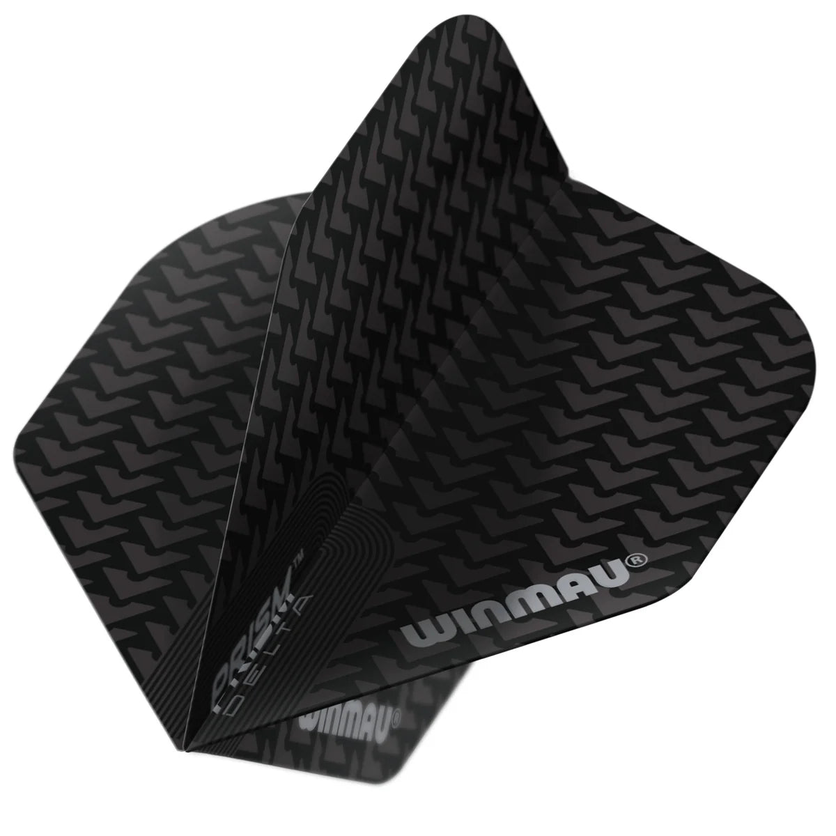 Angled close-up of black Prism Delta No.2 dart flight, textured pattern, isolated on white, showing reinforced edges and aerodynamic shape