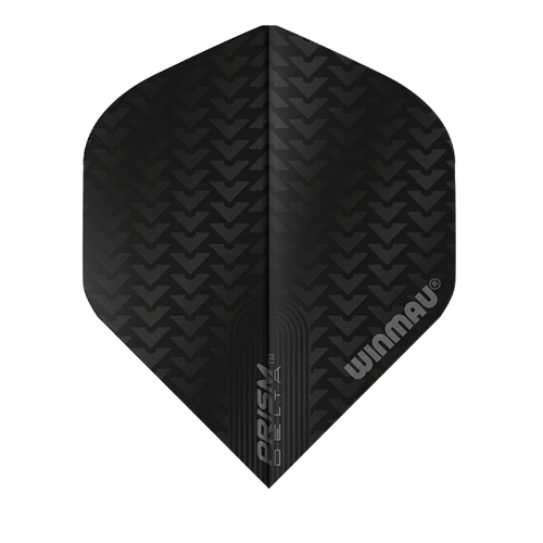 Full view of black Prism Delta No.2 dart flight, chevron texture and metallic text, isolated on white for darts equipment buyers