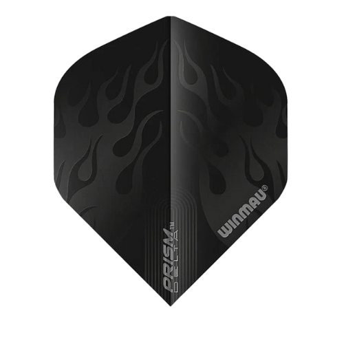 Dart flight top-down view with black flame design, Prism Delta No.2 shape, and silver Winmau branding on white background