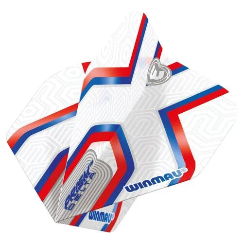 Angled close-up of three Prism Delta Epix No.2 dart flights with red and blue geometric design, assembled and isolated on white background
