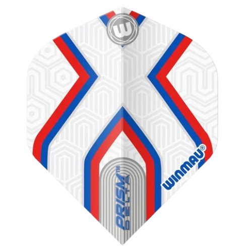 Close-up of Prism Delta Epix No.2 dart flight, white with blue and red geometric pattern, 100 micron durable design