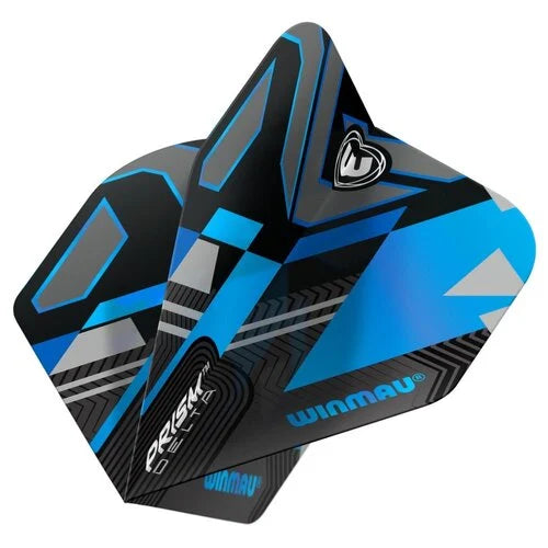 angled view of three Prism Delta Galactics No.2 dart flights stacked, featuring black, blue, and silver geometric patterns