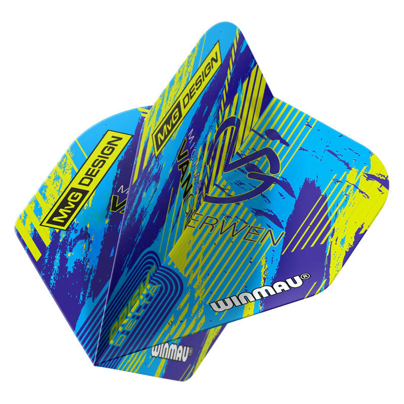 Angled close-up of three Prism Delta MVG V4 No.2 dart flights in bright blue, yellow, and purple, isolated on white background