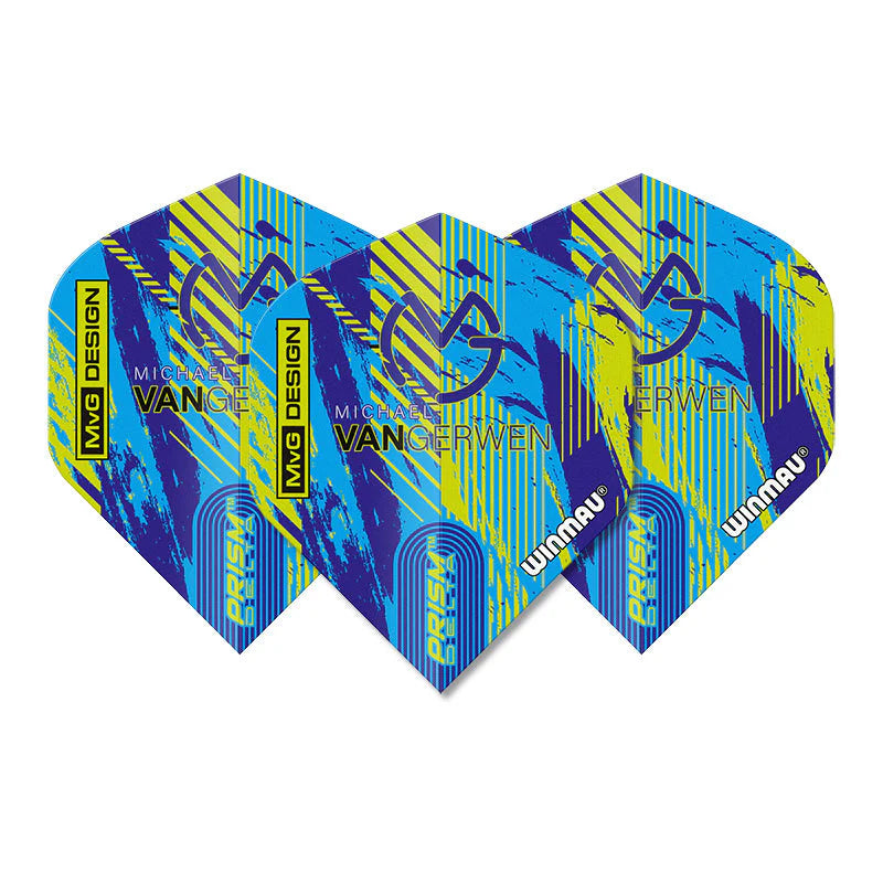 Set of three MVG No.2 dart flights displayed fanned on white, highlighting bold graphic design and distinctive flight shape