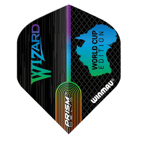 Prism Delta Simon Whitlock No.2 dart flight full view with bold Wizard logo, World Cup Edition text, and geometric rainbow detailing.