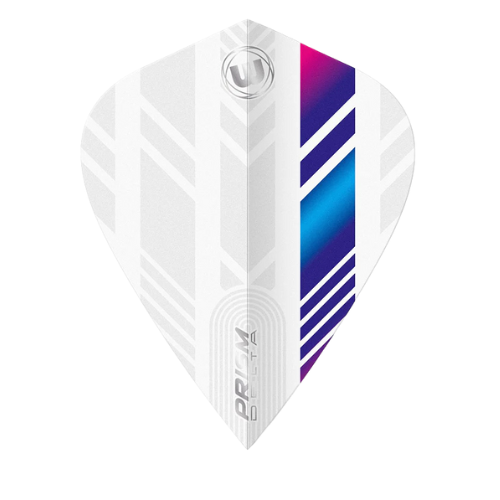 Kite dart flight with white, blue, and purple graphics, isolated on white background, highlighting chevron design for dart accessories