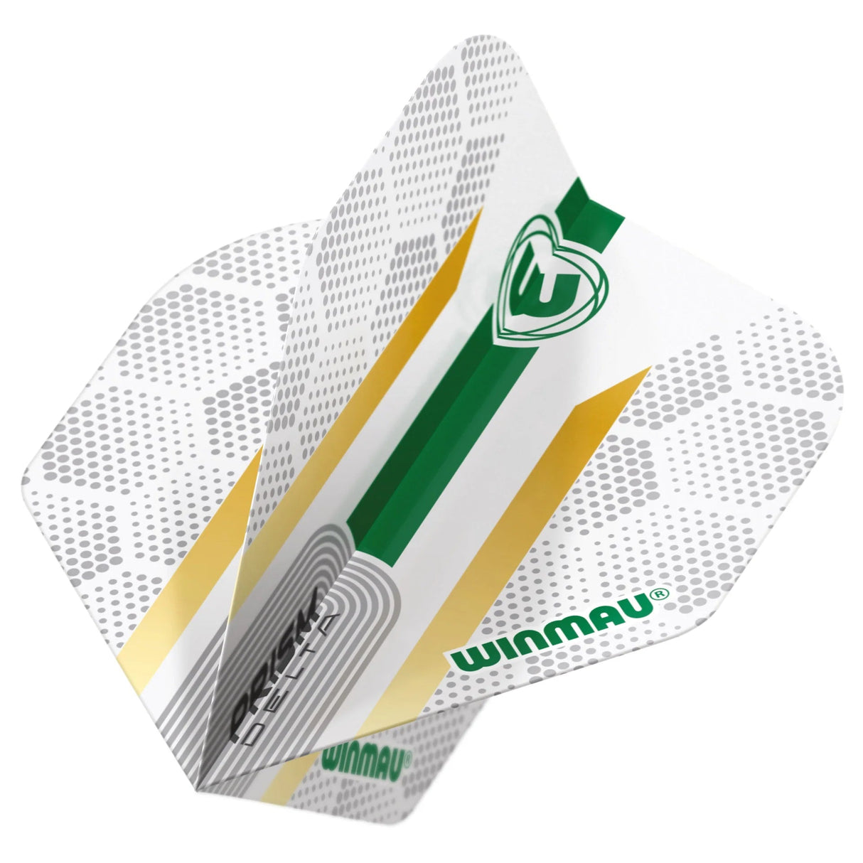 Angled close-up of Prism Delta Xenon No.2 dart flight showing textured pattern, green and gold stripes, and honeycomb detailing