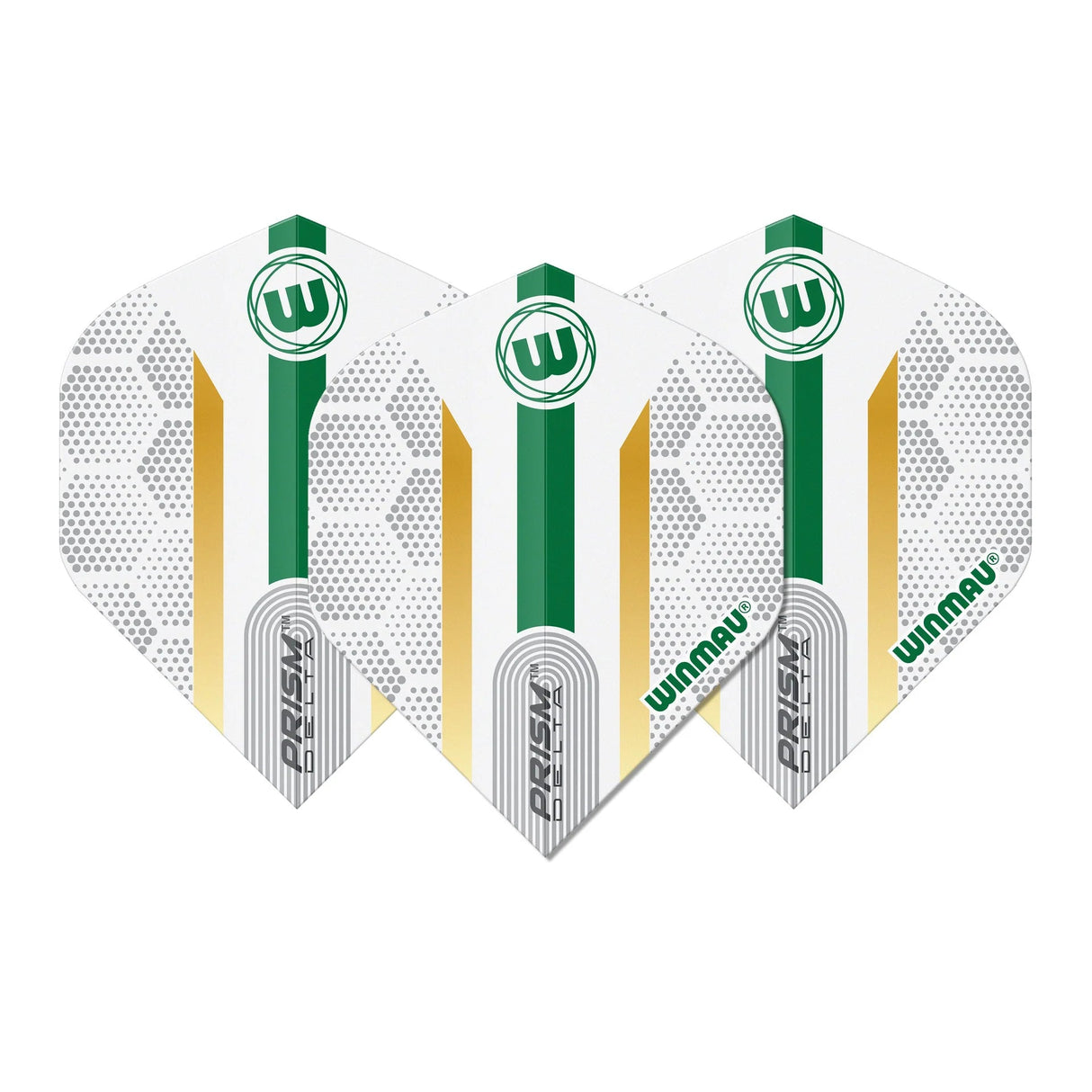 Set of three Prism Delta Xenon No.2 dart flights with white, green, gold geometric pattern, isolated on white background