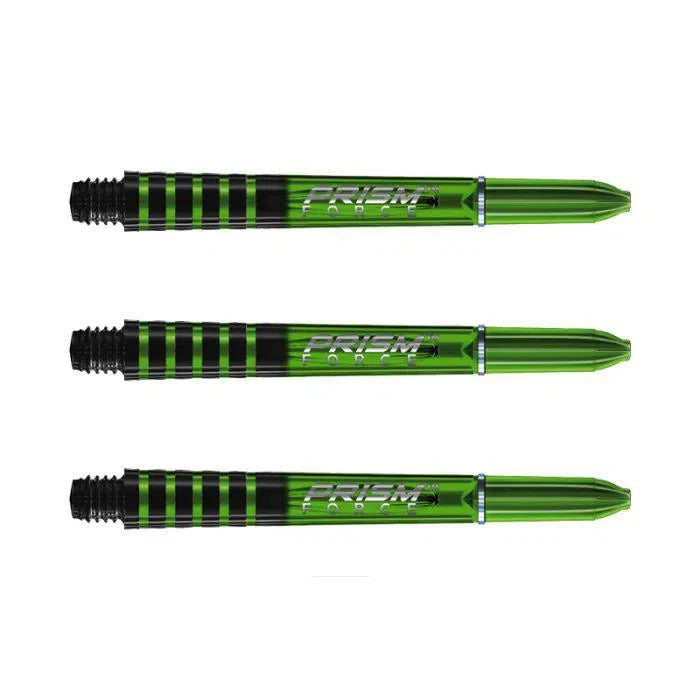 Set of three green translucent dart shafts with black grip rings, full product view on white, highlighting textured control zone.