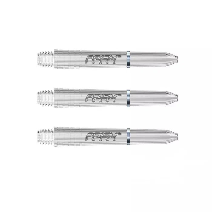 Three translucent polycarbonate dart shafts side by side isolated on white background showing grip zones and clear Prism Force text