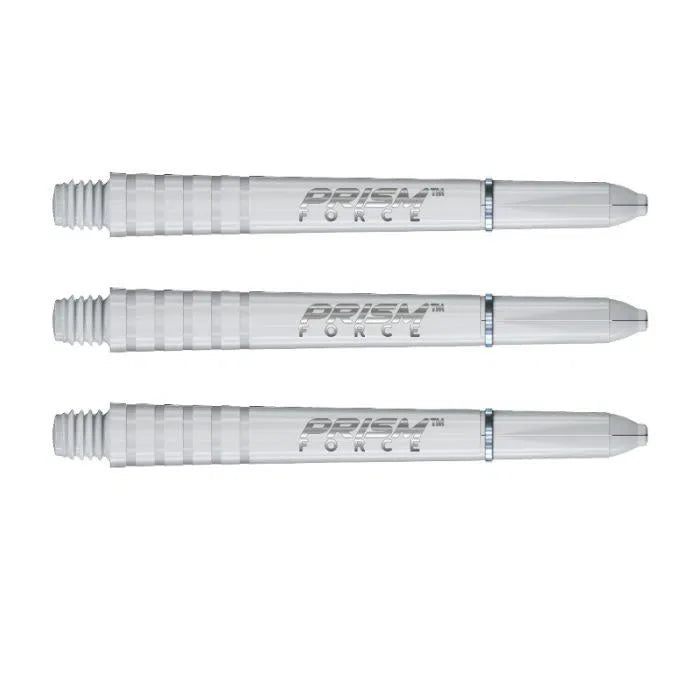 Trio of translucent dart shafts with textured grip and clear branding, full view on white background for dart accessories