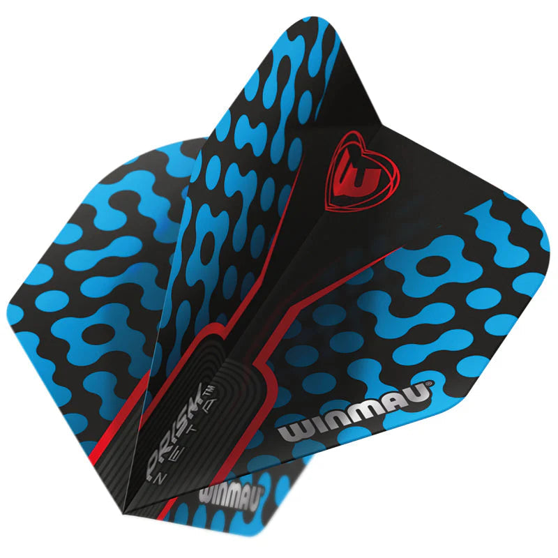 Angled close-up of Prism Zeta No.2 dart flight with black, blue, and red pattern highlighting durable material and vibrant graphics.