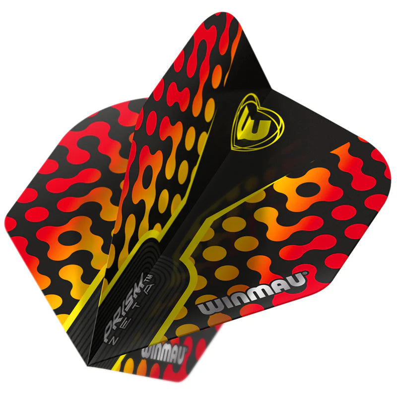 Angled close-up of Prism Zeta black and orange dart flight showing textured surface and vibrant dot pattern for dart accuracy