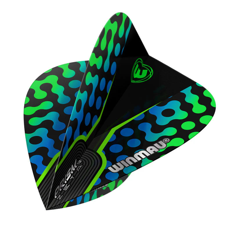 Angled close-up of a single kite-shaped dart flight in blue, black, and green with textured Prism Zeta pattern, isolated on white background