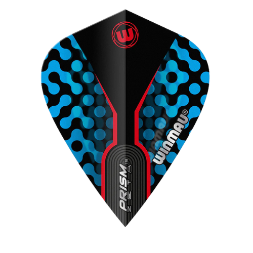 Single Prism Zeta kite dart flight in blue, black, and red, full view on white background, highlighting bold textured pattern.