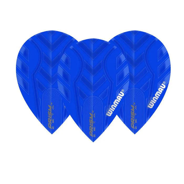 Three blue pear dart flights arranged side by side, top-down view on white background, showing Prism Zeta pattern and texture details