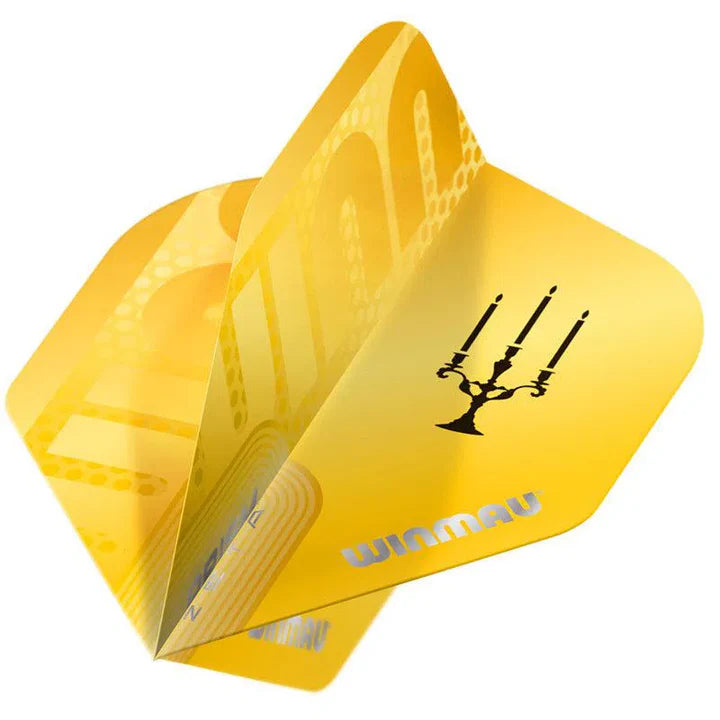 Angled close-up of yellow dart flight with candelabra design, metallic accents, and Prism Zeta pattern, isolated on white background