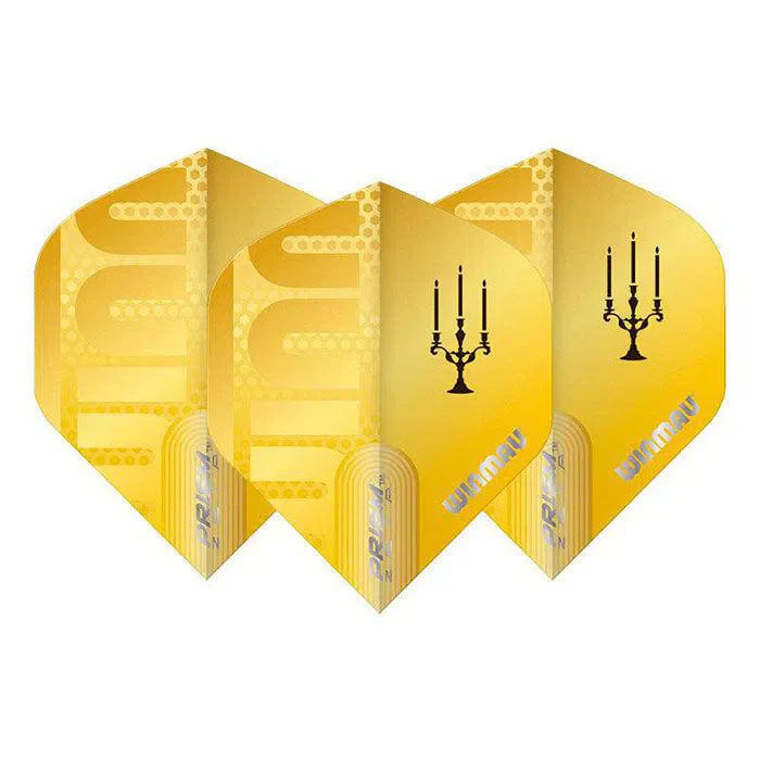 Set of three gold Prism Zeta Bobby George No.2 dart flights with black candelabra design, full view on white background