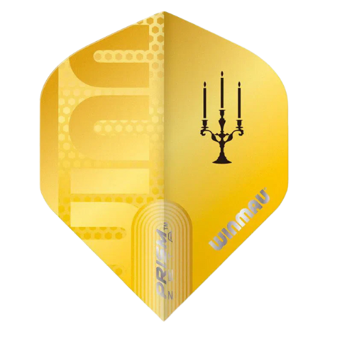 Yellow dart flight with holographic accents and black candelabra design, single flight isolated on white background