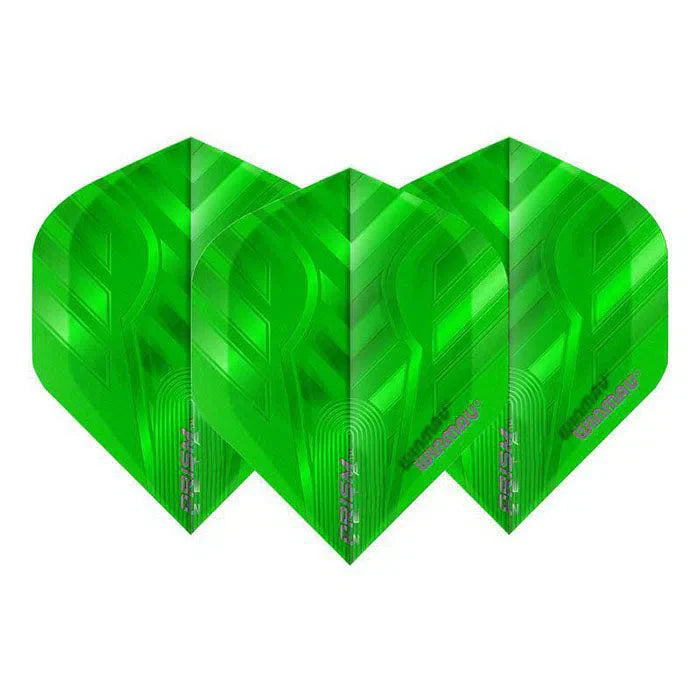Three green No.2 dart flights displayed side by side on white background, showing translucent texture and modern prism pattern