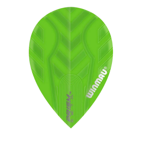 Pear-shaped green dart flight with Prism Zeta design, close-up on white background, highlighting 100 micron durable texture