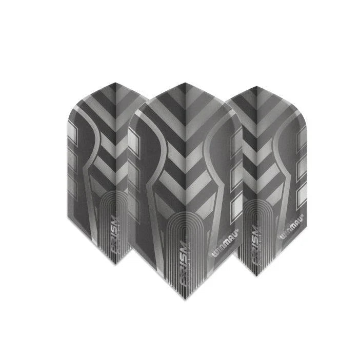 Set of three grey slim dart flights arranged side by side, featuring Prism Zeta 100 micron material and precision graphic detailing