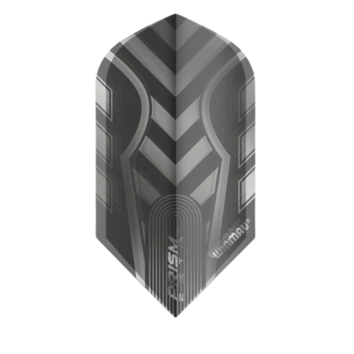 Grey slim dart flight with geometric pattern, isolated on white, highlighting 100 micron thickness and aerodynamic shape