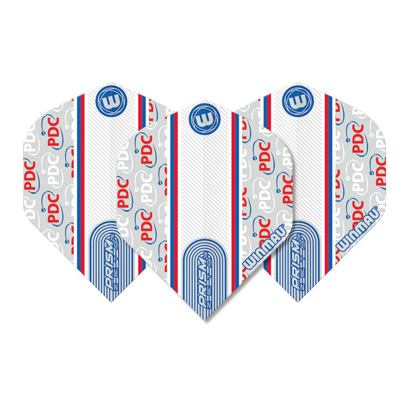 Three Winmau Prism Zeta PDC White No.2 dart flights displayed side by side, showing red, blue, and silver graphics on a white background.