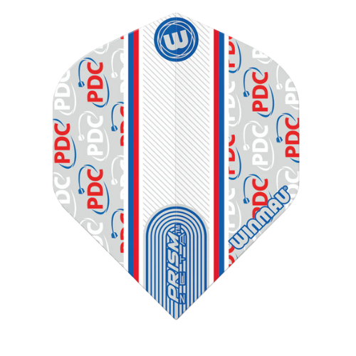 Single Prism Zeta PDC White No.2 dart flight full view, isolated on white, showing bold PDC print and textured pattern for dart players