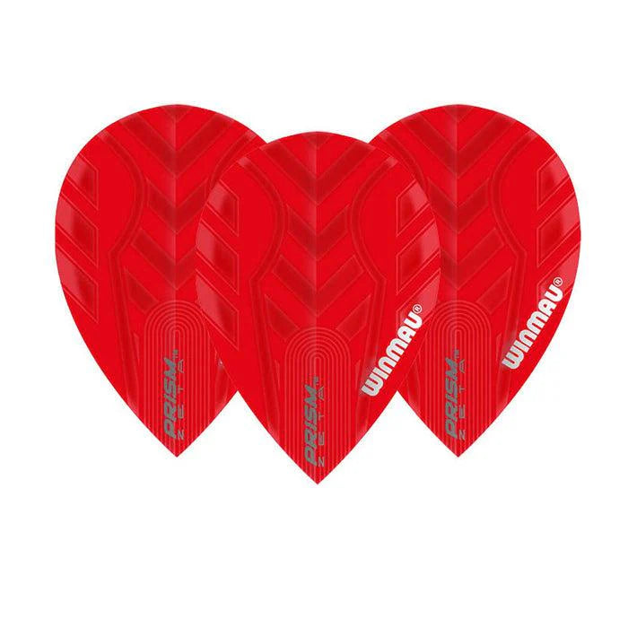 Three red pear dart flights with geometric texture, 100 micron thickness, displayed side by side on white background