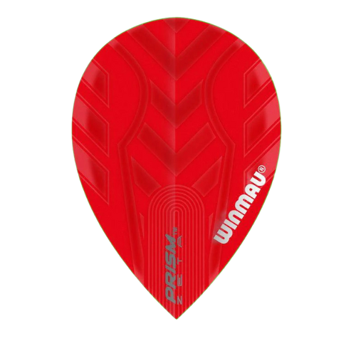 Pear-shaped red dart flight with textured pattern, isolated on white background, Prism Zeta model for darts