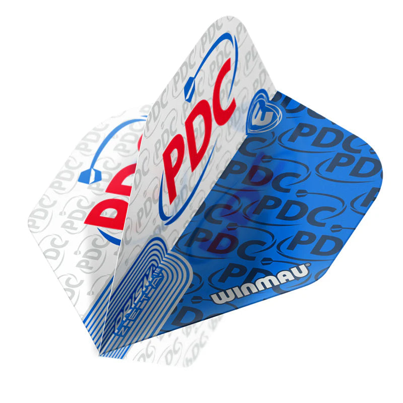 Angled close-up of Prism Zeta white and blue PDC No.2 dart flight with bold PDC logo and textured detailing