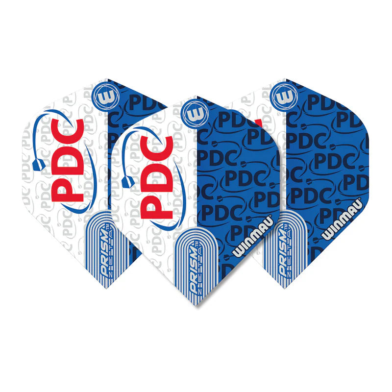 Three Winmau Prism Zeta PDC No.2 dart flights in white and blue, full product view, isolated on white background, showing design and color pattern.