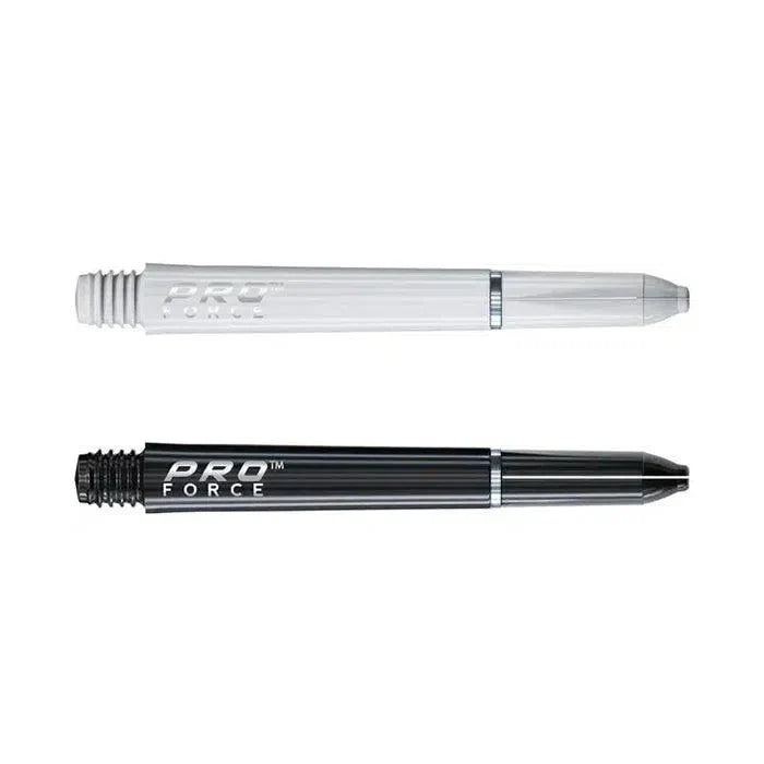 Black and white Pro Force dart shafts side by side on white background, showing grip rings and nylon construction