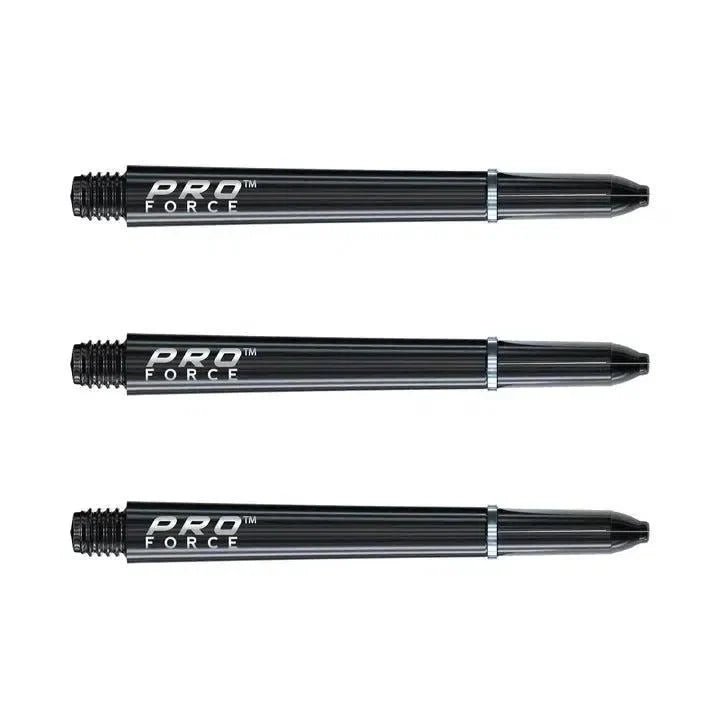 Set of three black nylon dart shafts with ring grip, full-length view on white background for dart accessories