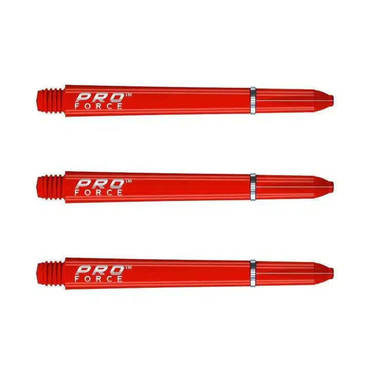Three red dart shafts with Pro Force logo and nylon ring grip shown side by side on white background