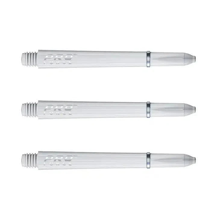 Set of three white dart shafts with nylon ring grip, full view on white background, highlighting threaded ends and Pro Force branding