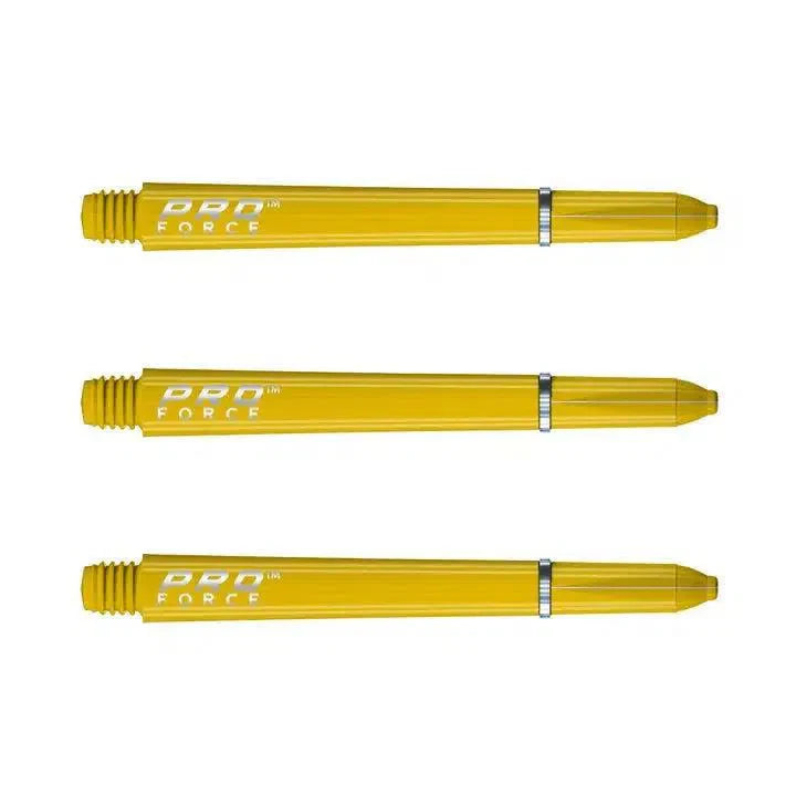 Three yellow Pro Force dart shafts with ring grip, isolated on white background, horizontal alignment, threaded tips visible