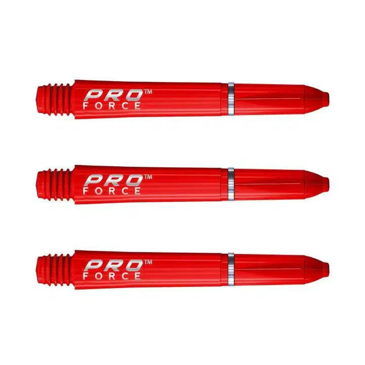 Three red dart shafts with ring grip technology aligned on white background, highlighting Pro Force durable dart accessories.