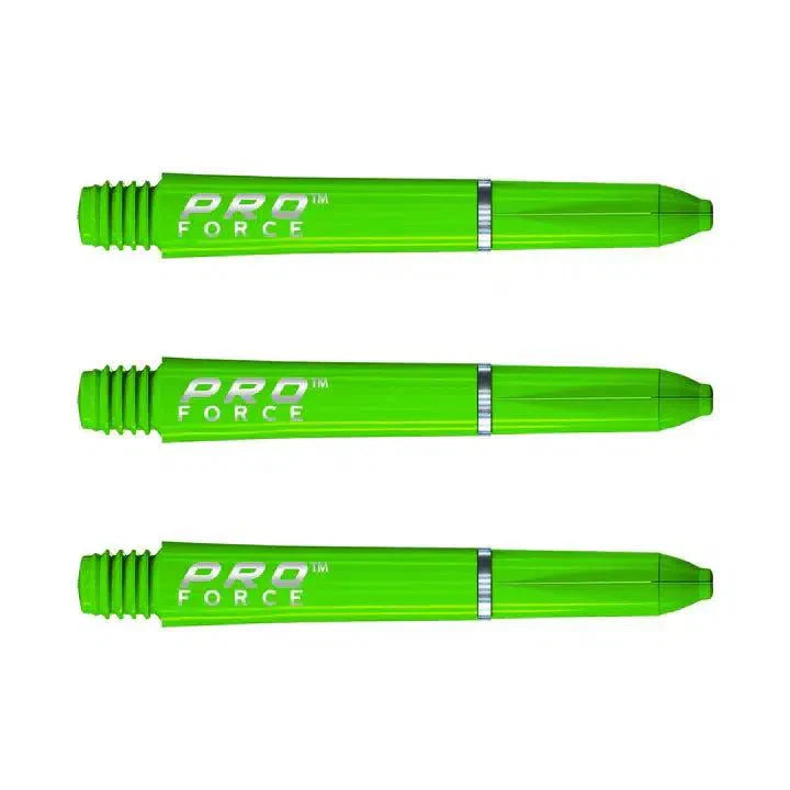 Three green Pro Force dart shafts isolated on white background, showing nylon ring grip and threaded barrel design.