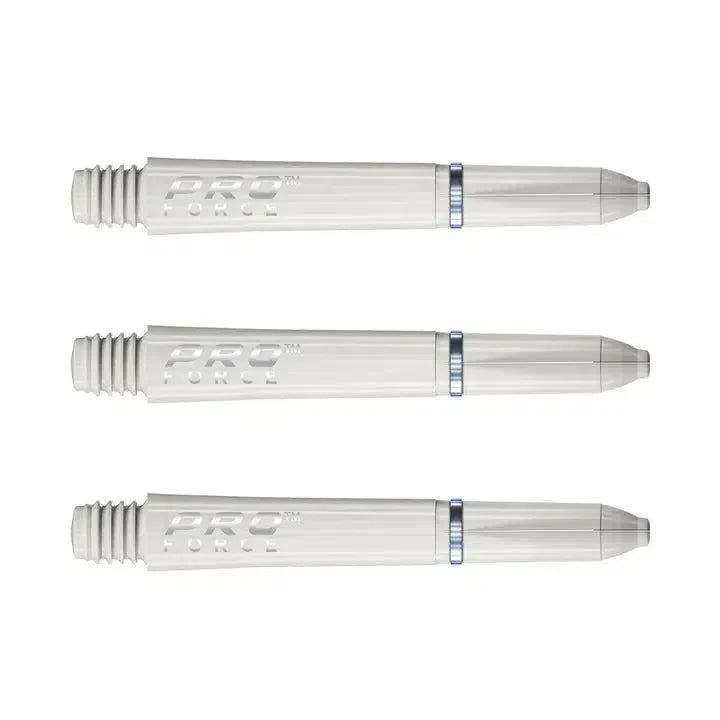 Three white Pro Force dart shafts with nylon ring grip technology isolated on white background, full side view highlighting grip texture