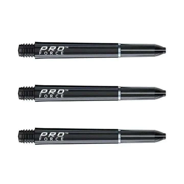 Three black Pro Force dart shafts aligned on white background, highlighting ring grip and threaded barrel for dart setup