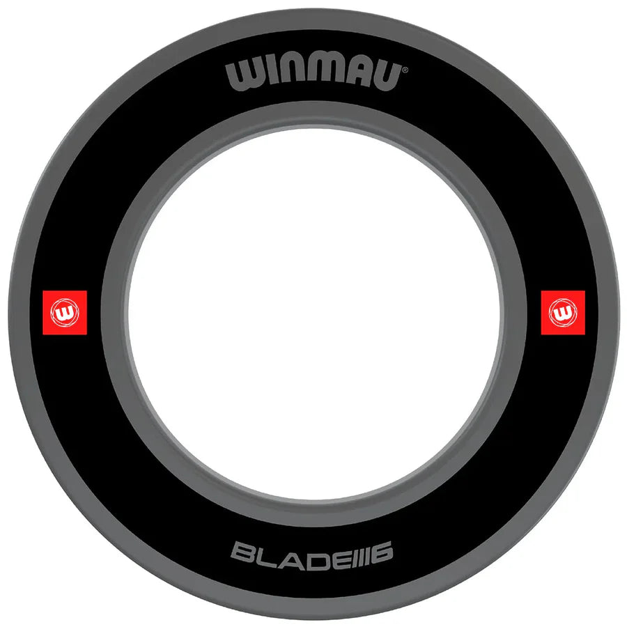 Black dartboard surround with grey edge shown top-down on white background, highlighting durable protective ring for bristle dartboards
