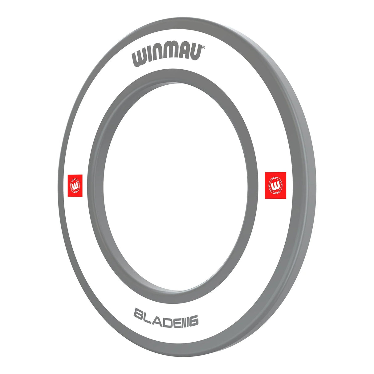 Angled view white dartboard surround with protective ring, logo details, and Blade 6 marking isolated on white background