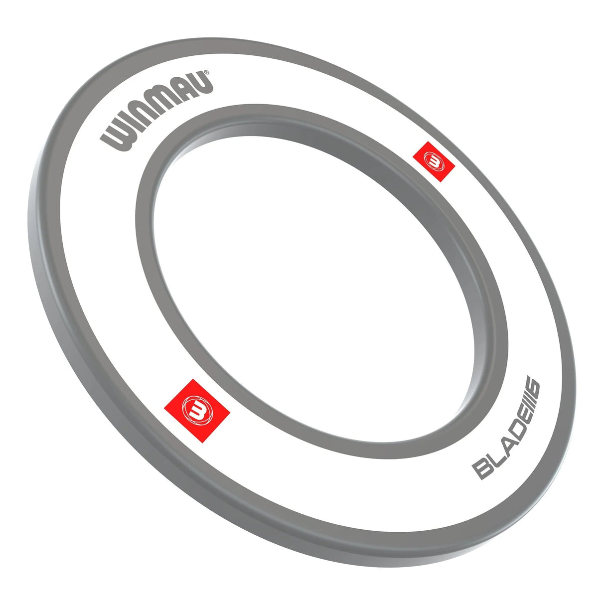 Angled view of white dartboard surround ring, isolated on white background, showing BLADE branding and beveled edge design