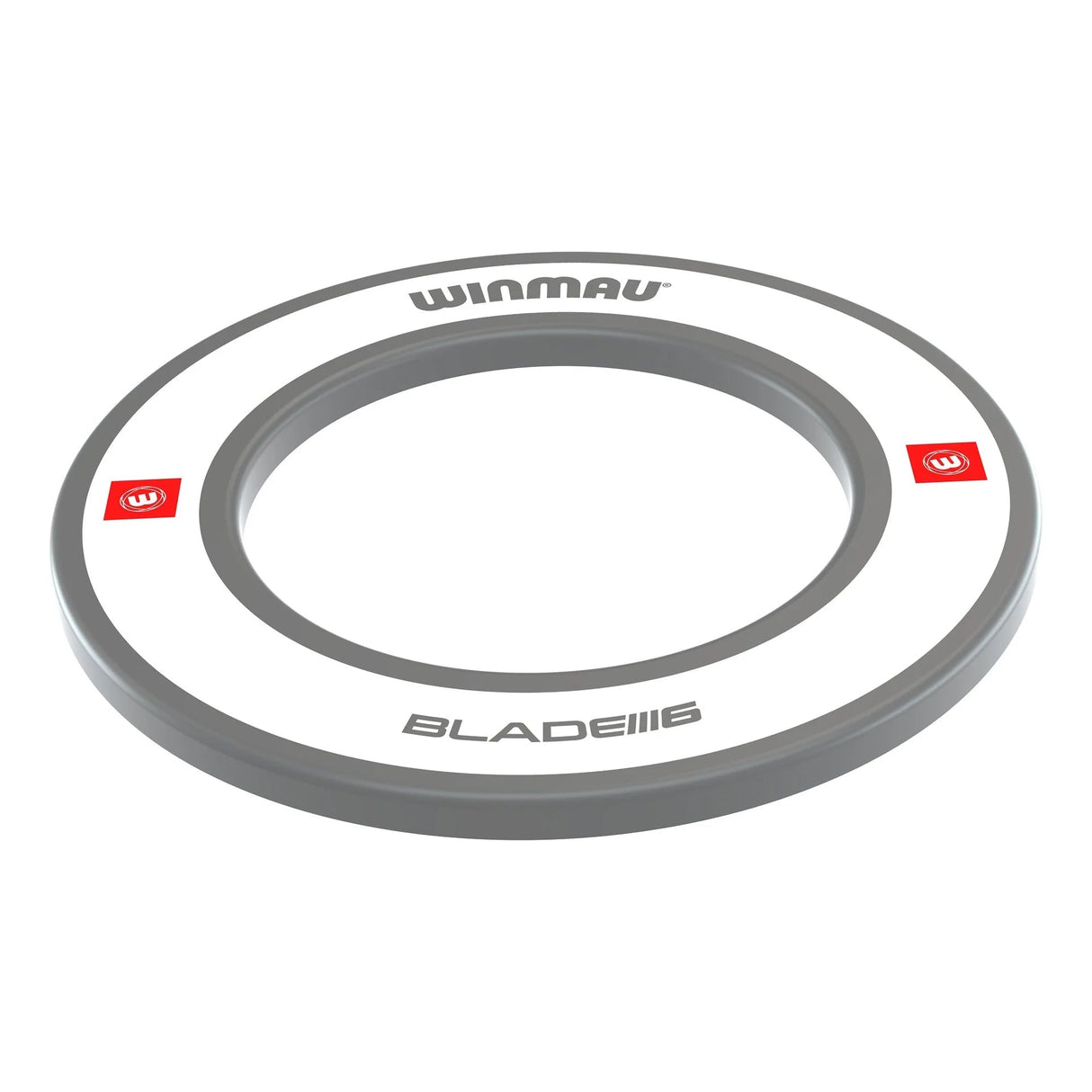 Angled view of white dartboard surround ring with grey trim and BLADE 6 text, isolated on white background for dartboard protection